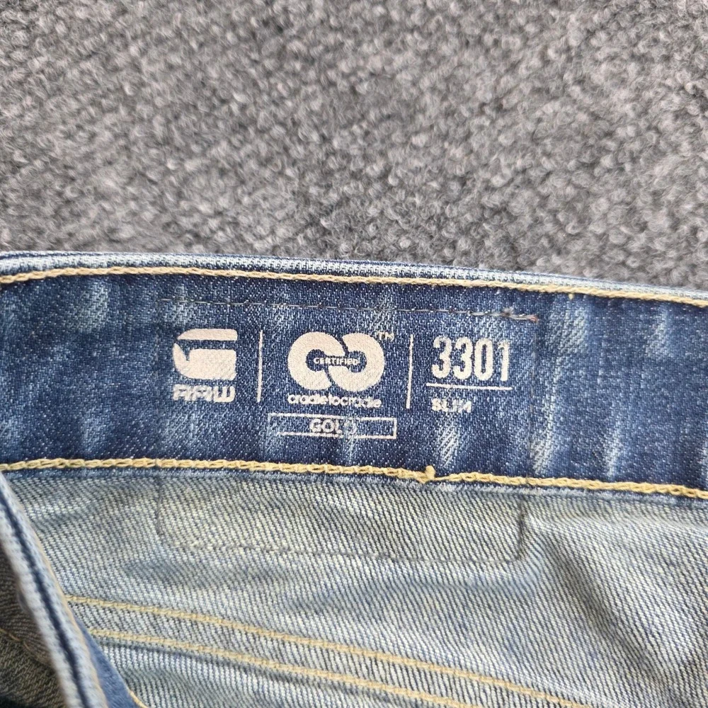 G-Star Raw Jeans Mens 33x33 Blue 3301 Slim Straight Distressed Button Fly Faded